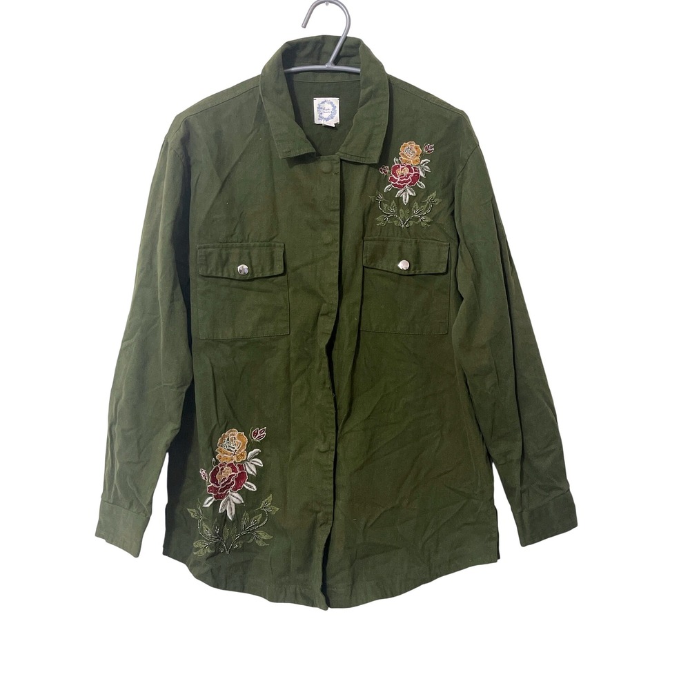 Blue Rain Womens Utility‎ Jacket Medium Olive Green Embroidered Floral Shacket